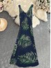 Palm Leaves V -Neck Sleeveless Summer Dress